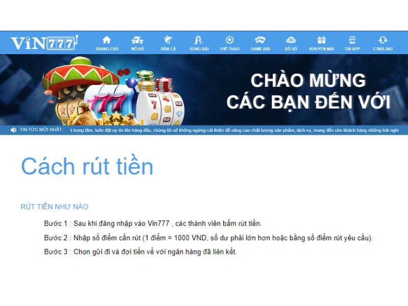 Hướng dẫn cách rút tiền Vin777 chuẩn nhất